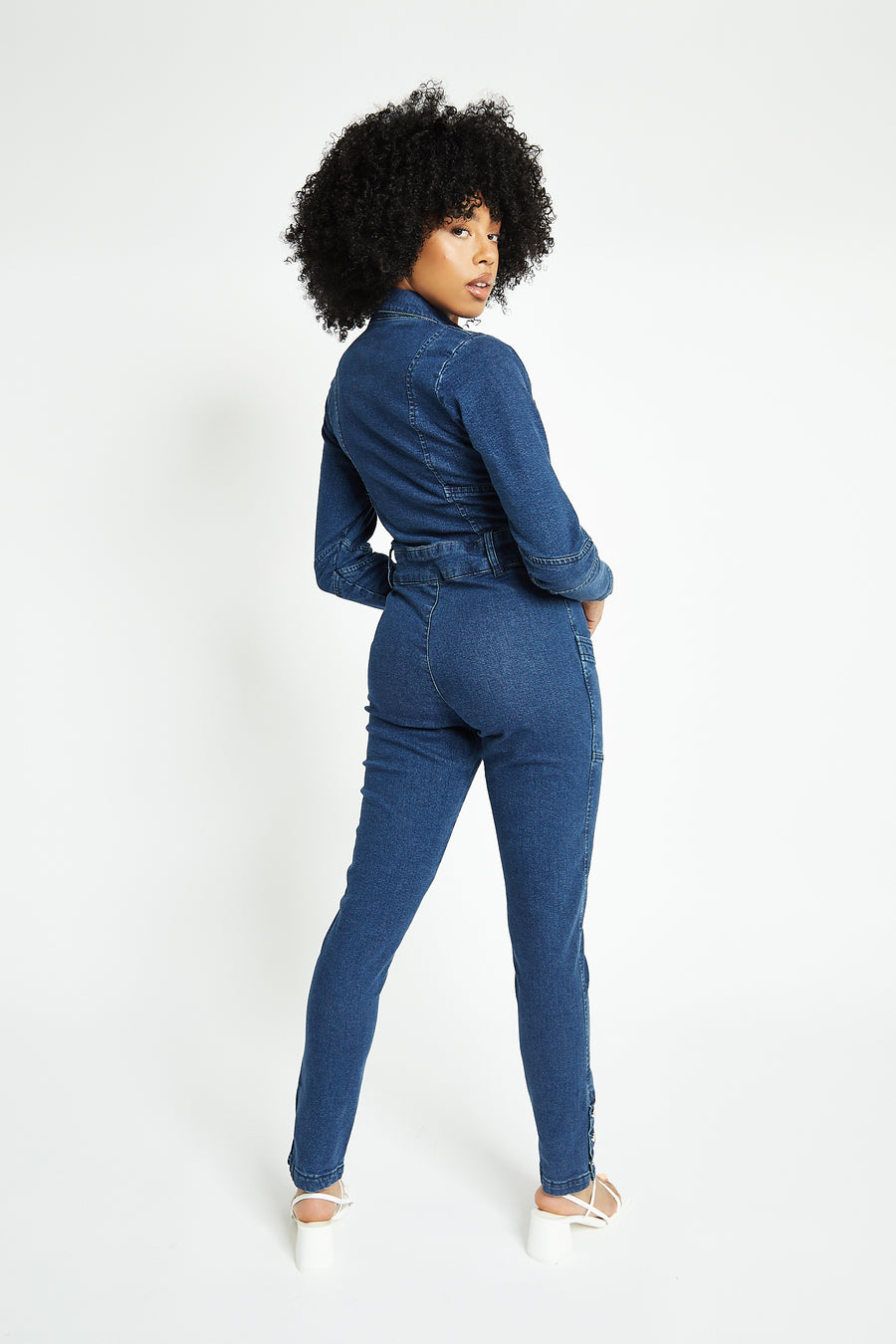 FITTED LONG SLEEVE DENIM JUMPSUIT - DARK BLUE WASH -  Women's Denim Jumpsuits