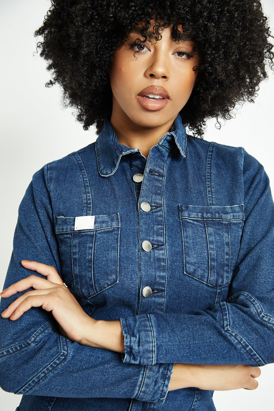 FITTED LONG SLEEVE DENIM JUMPSUIT - DARK BLUE WASH -  Women's Denim Jumpsuits