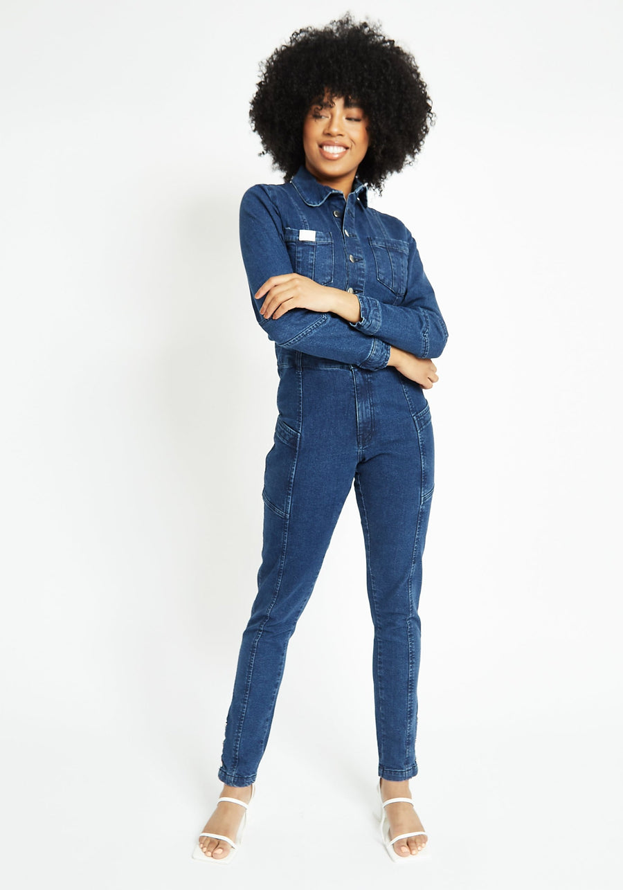 FITTED LONG SLEEVE DENIM JUMPSUIT - DARK BLUE WASH -  Women's Denim Jumpsuits