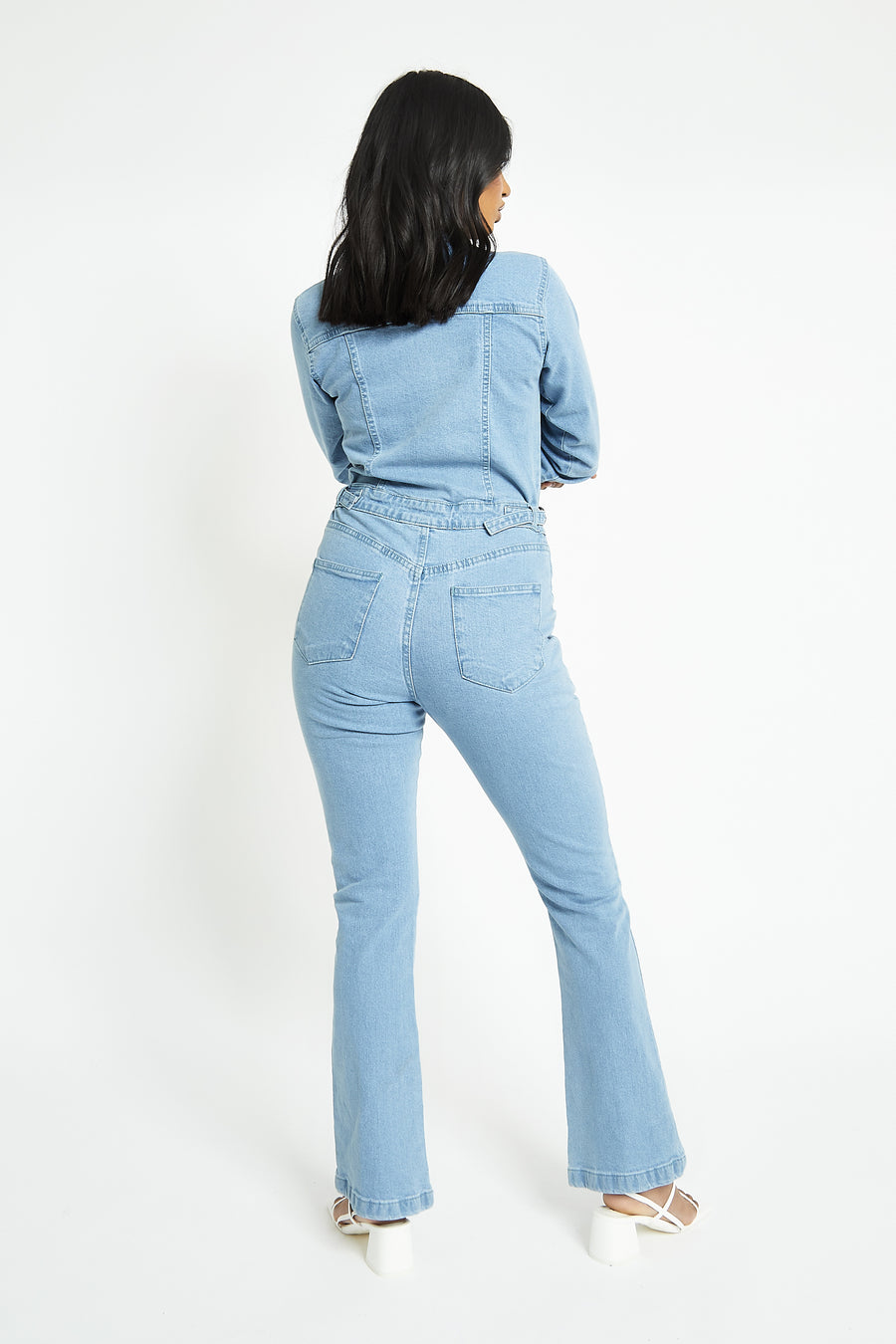 FIT AND FLARE DENIM JUMPSUIT - LIGHT BLUE WASH -  Women's Denim Jumpsuits