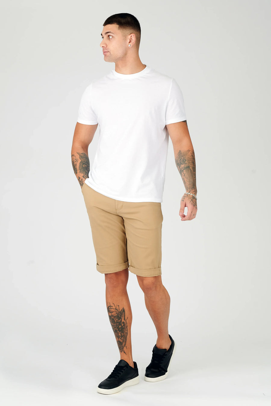HARWICK Stretch Slim Fit Chino Shorts - Stone Brown -  Men's Chino Shorts