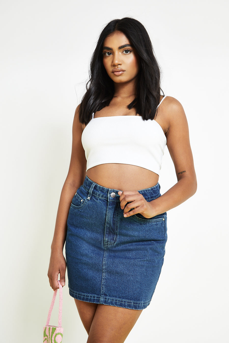 HIGH WAISTED MINI DENIM SKIRT - MID BLUE -  Women's Denim Skirts
