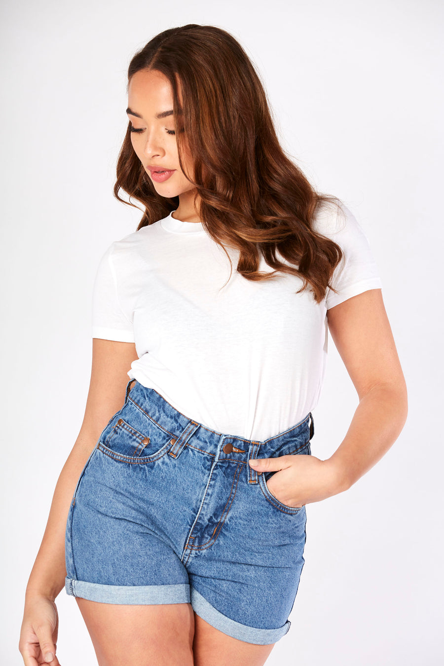 HIGH WAISTED TURN UP DENIM SHORTS - MID BLUE WASH -  Women's Denim Shorts