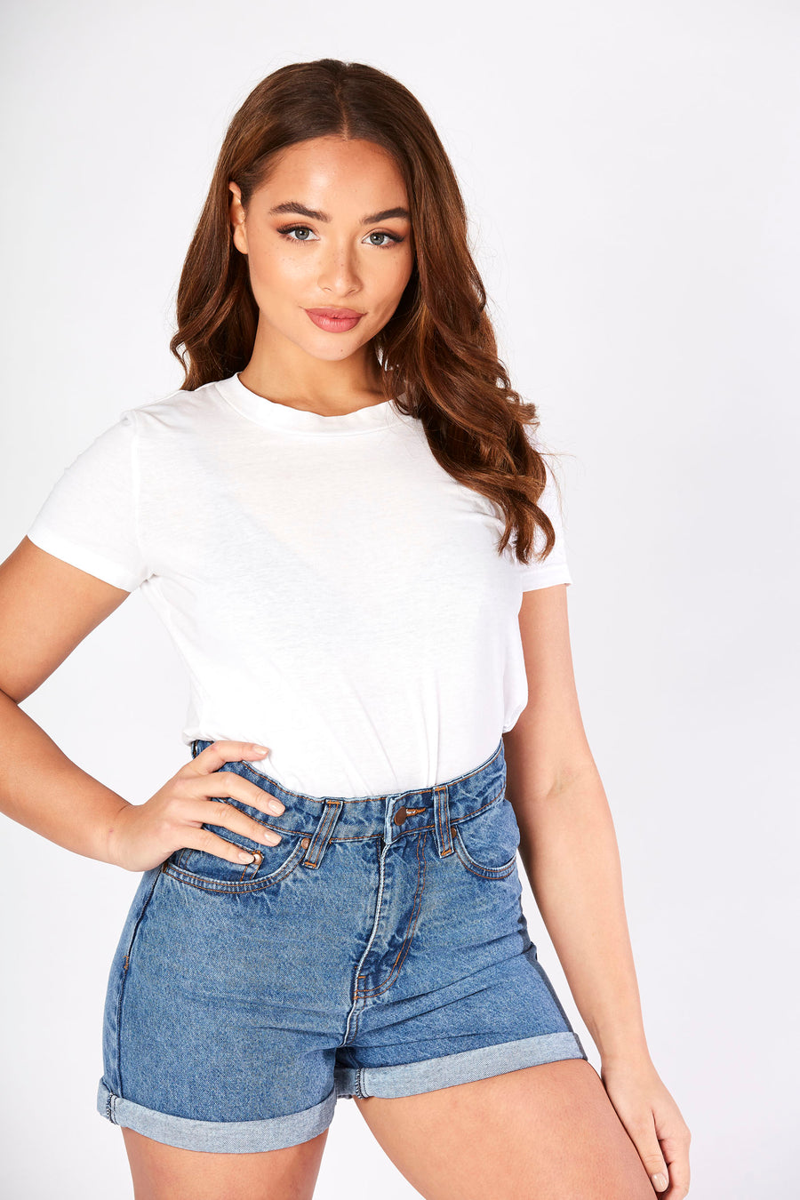 HIGH WAISTED TURN UP DENIM SHORTS - MID BLUE WASH -  Women's Denim Shorts