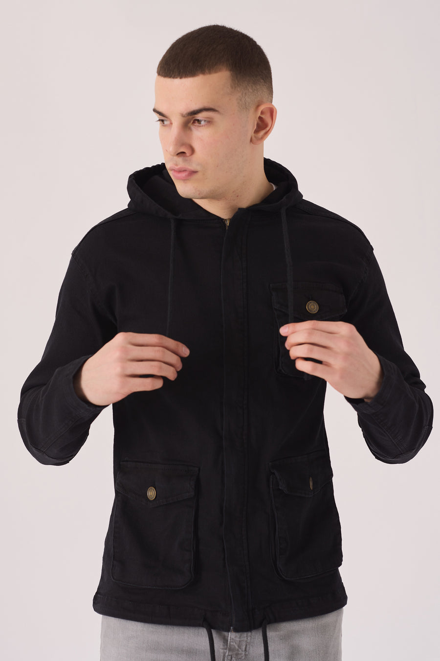 HOODED DENIM JACKET - BLACK -  Men's Hooded Cargo Denim Jackets