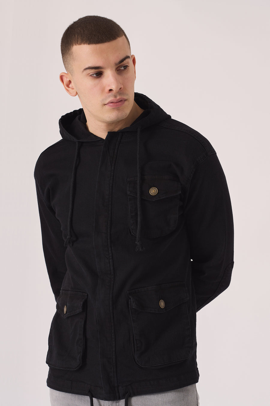 HOODED DENIM JACKET - BLACK -  Men's Hooded Cargo Denim Jackets