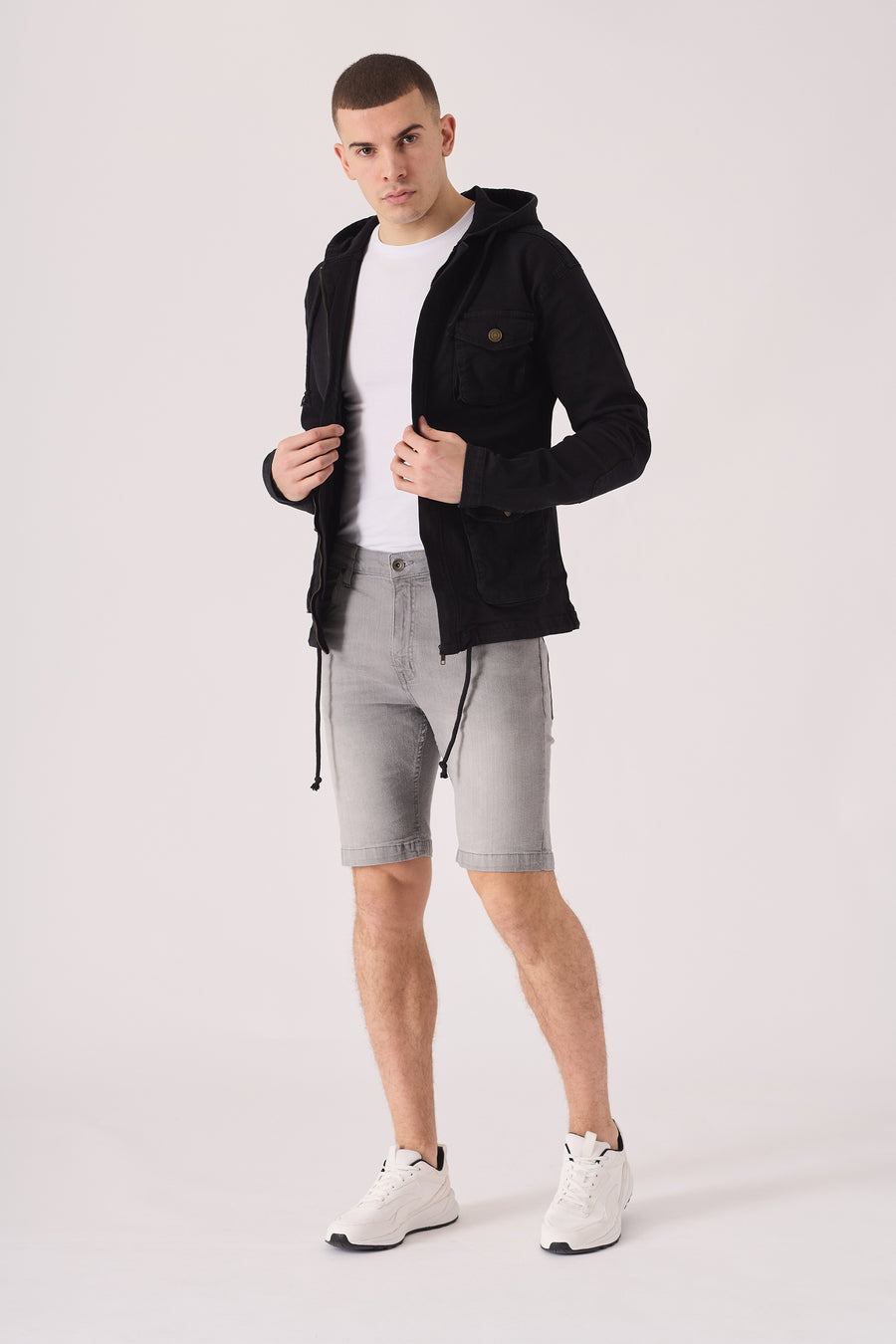 HOODED DENIM JACKET - BLACK -  Men's Hooded Cargo Denim Jackets