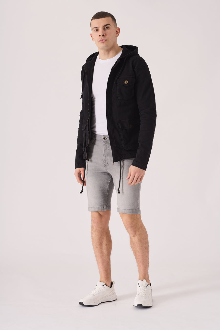 HOODED DENIM JACKET - BLACK -  Men's Hooded Cargo Denim Jackets