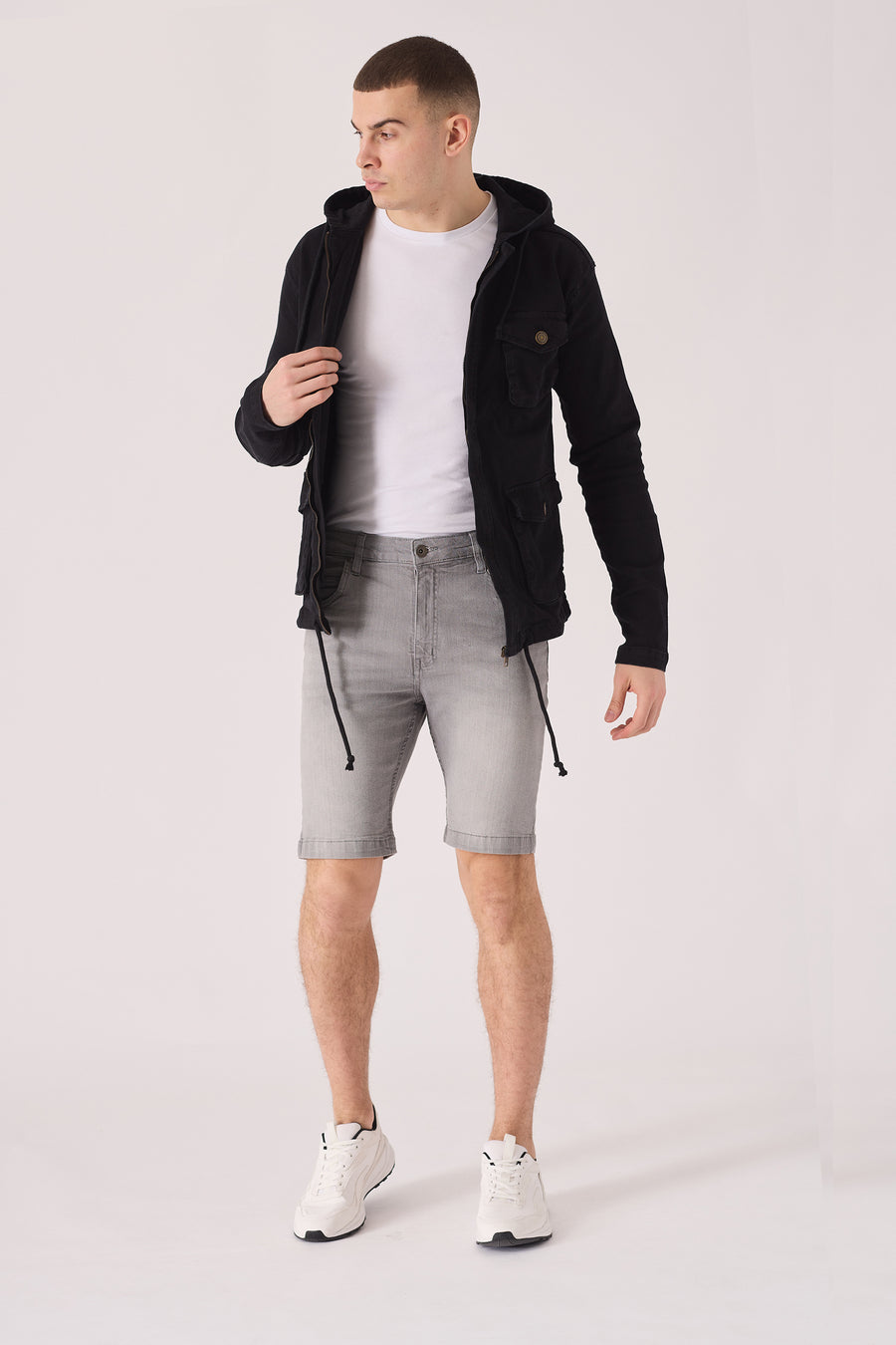 HOODED DENIM JACKET - BLACK -  Men's Hooded Cargo Denim Jackets