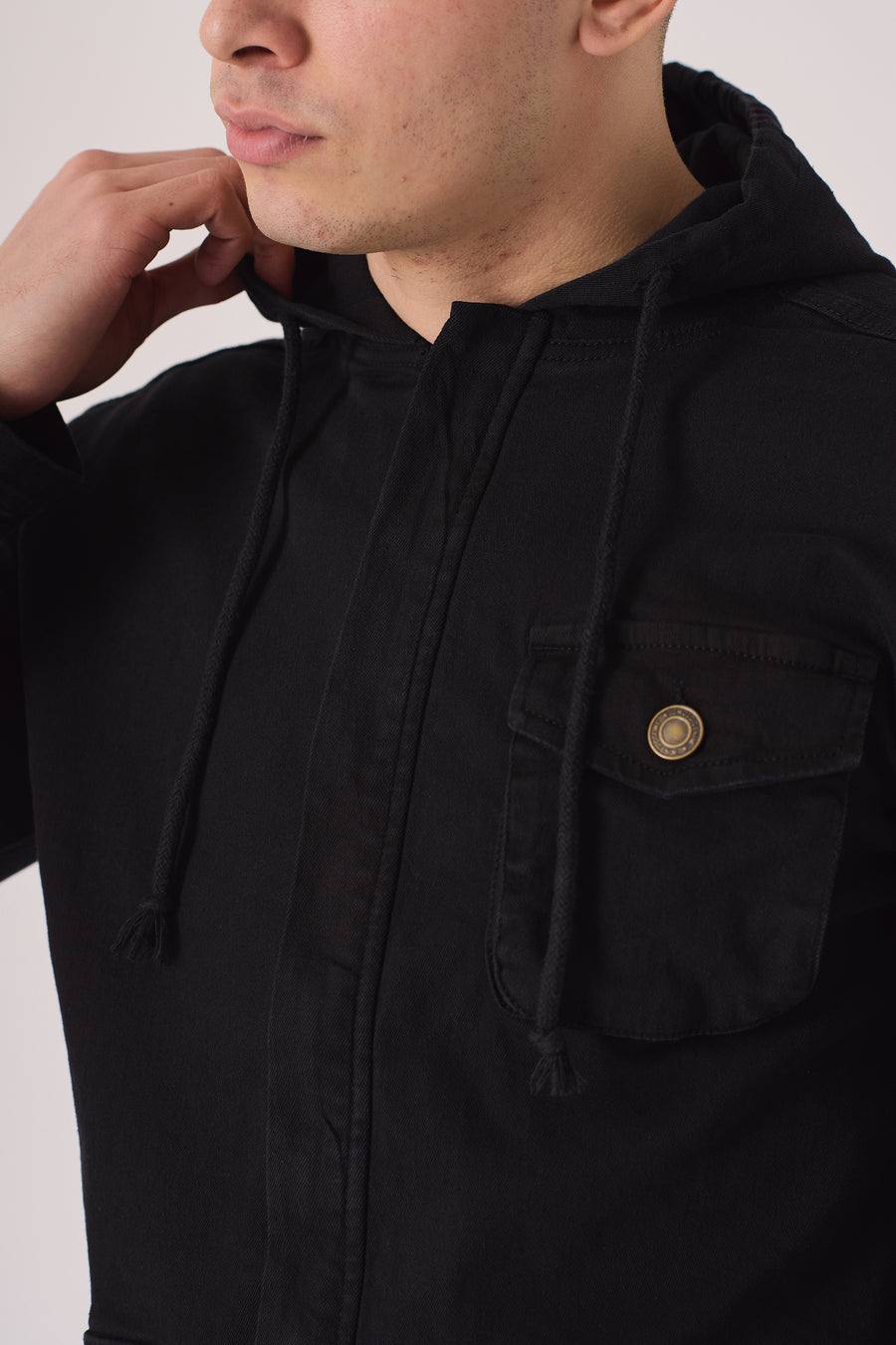 HOODED DENIM JACKET - BLACK -  Men's Hooded Cargo Denim Jackets