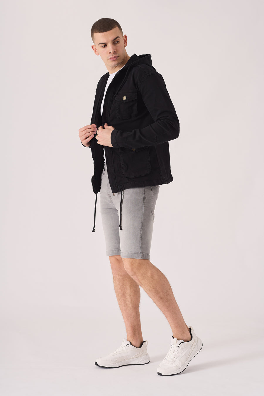 HOODED DENIM JACKET - BLACK -  Men's Hooded Cargo Denim Jackets