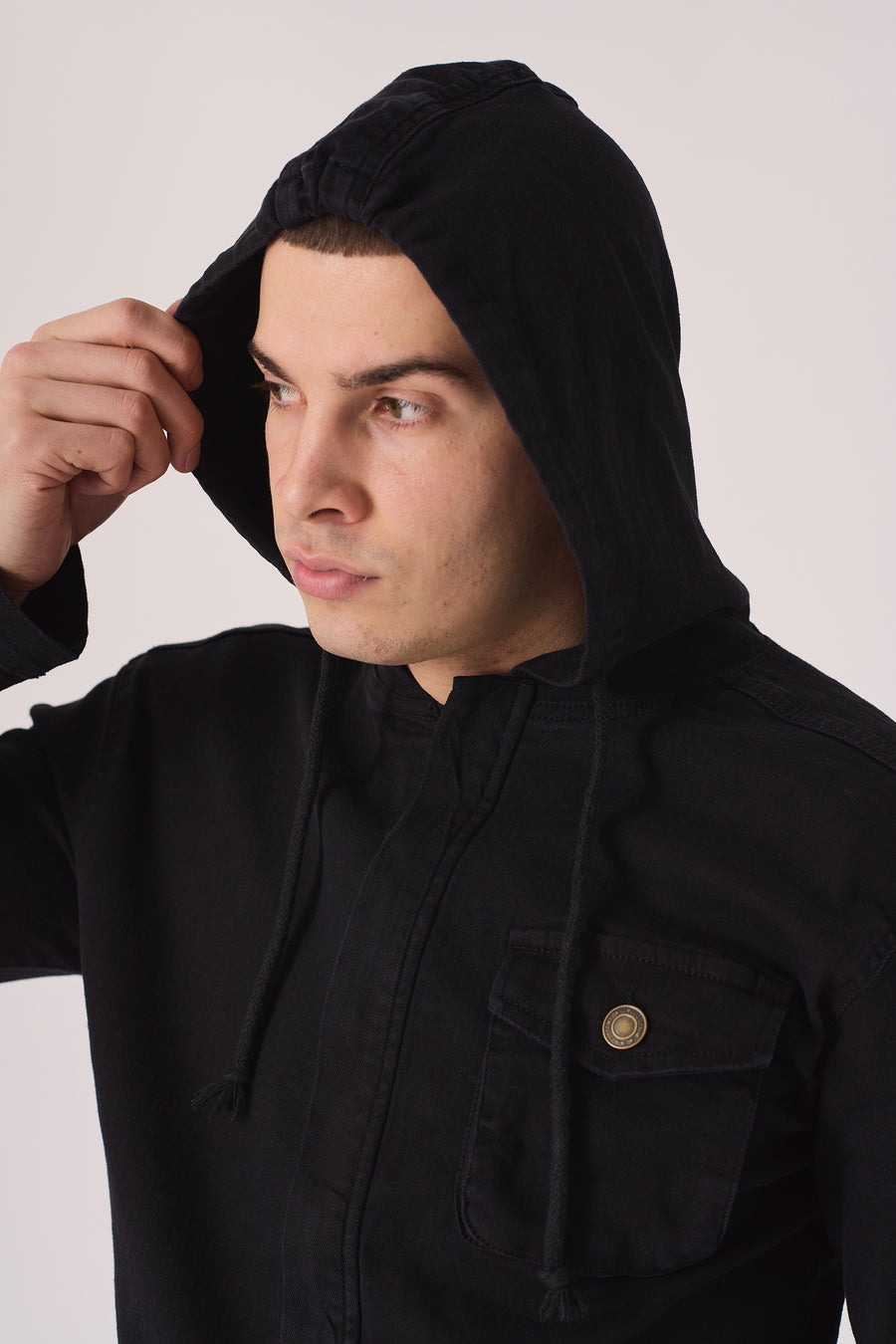 HOODED DENIM JACKET - BLACK -  Men's Hooded Cargo Denim Jackets