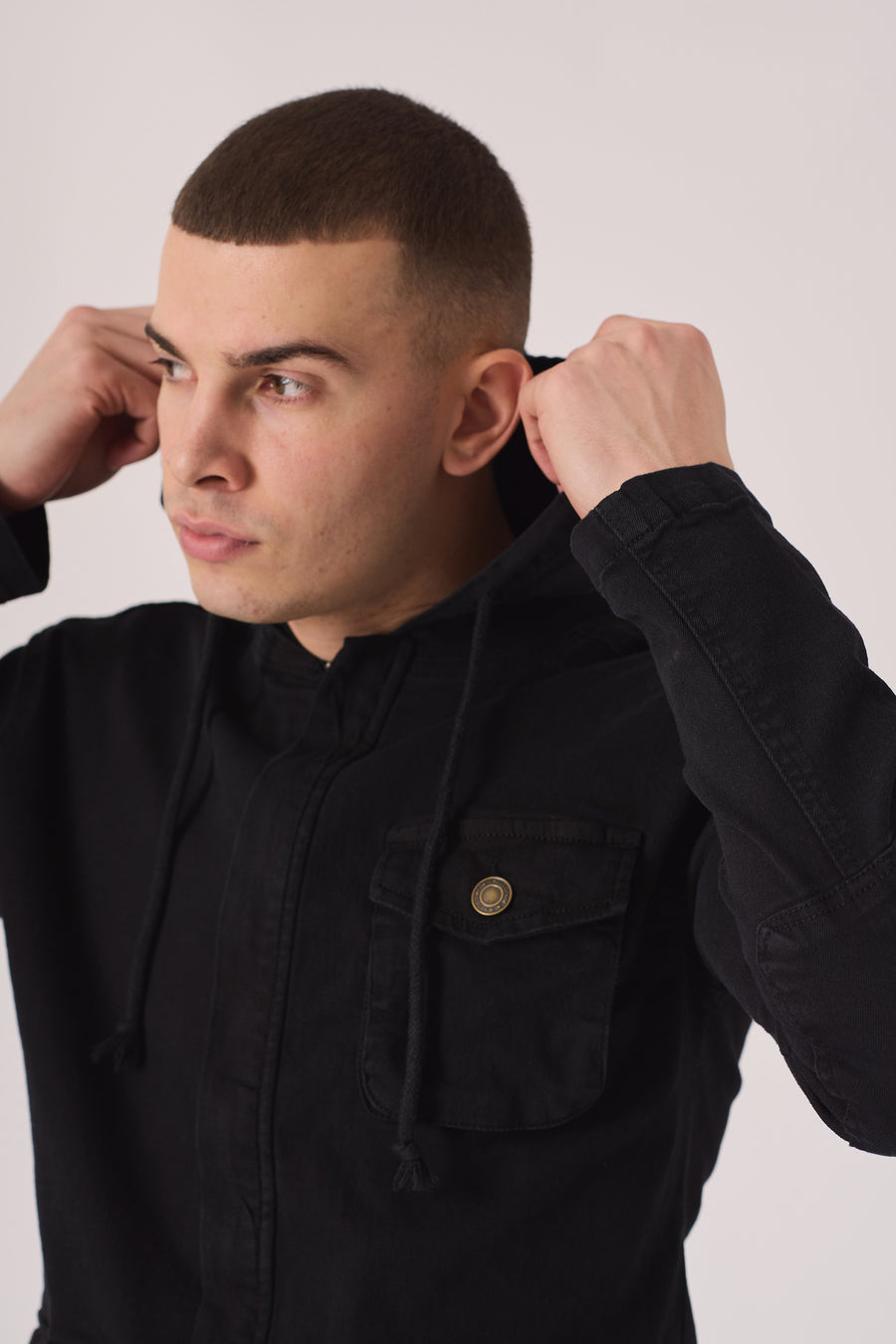 HOODED DENIM JACKET - BLACK -  Men's Hooded Cargo Denim Jackets