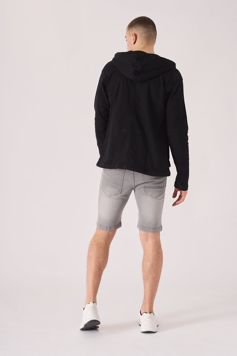 HOODED DENIM JACKET - BLACK -  Men's Hooded Cargo Denim Jackets