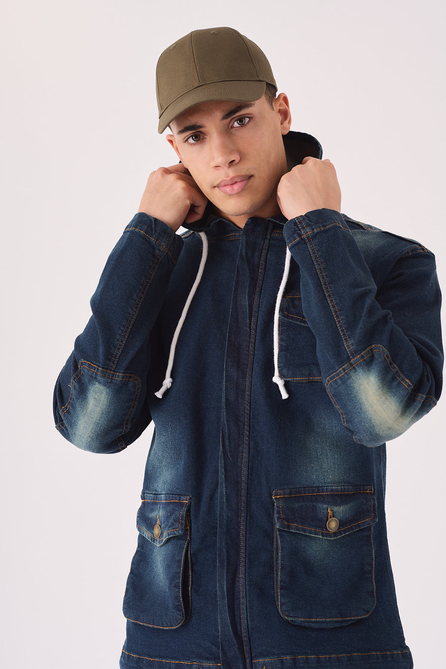 HOODED DENIM JACKET - INDIGO BLUE -  Men's Hooded Cargo Denim Jackets