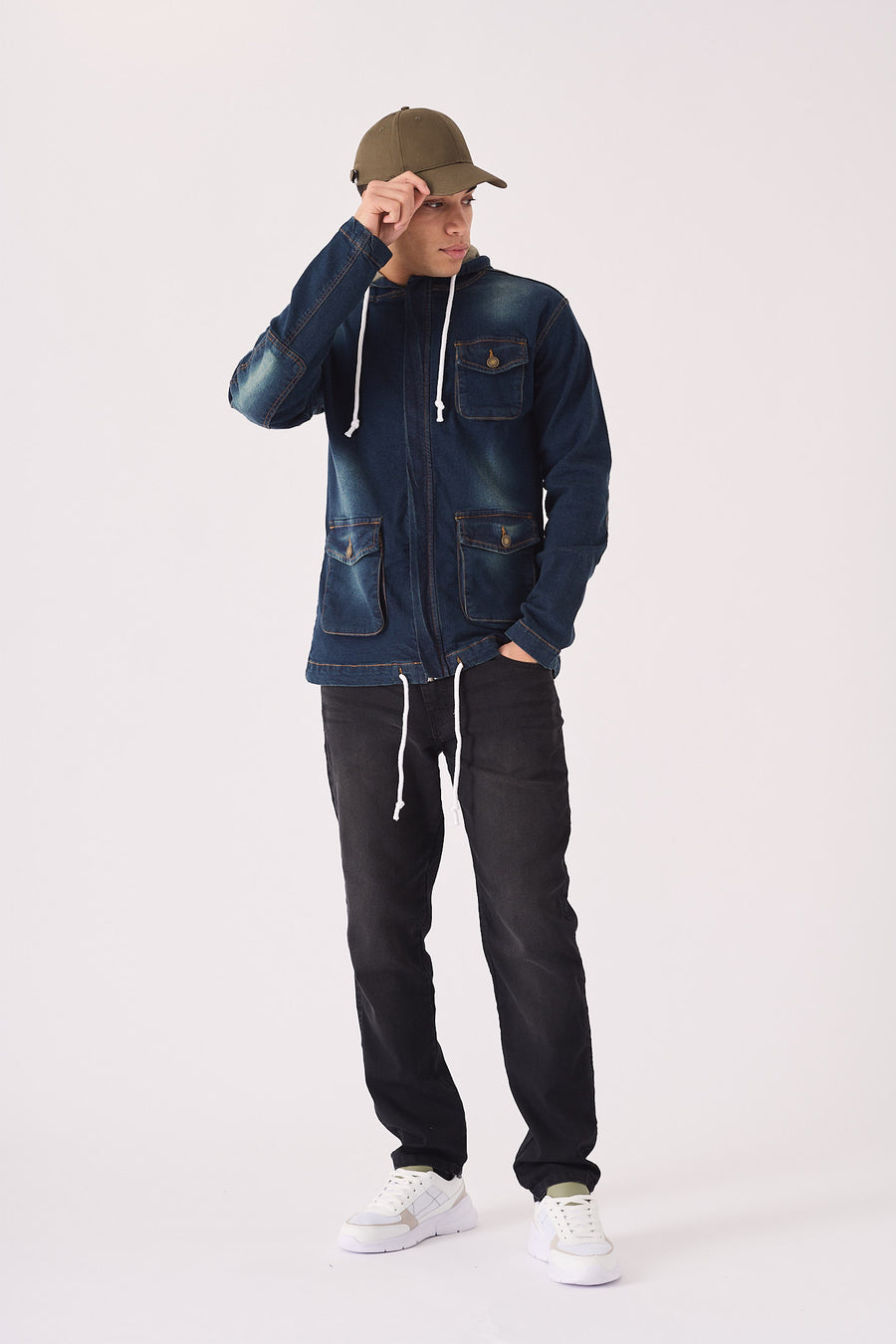 HOODED DENIM JACKET - INDIGO BLUE -  Men's Hooded Cargo Denim Jackets