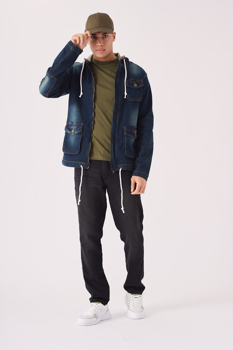 HOODED DENIM JACKET - INDIGO BLUE -  Men's Hooded Cargo Denim Jackets