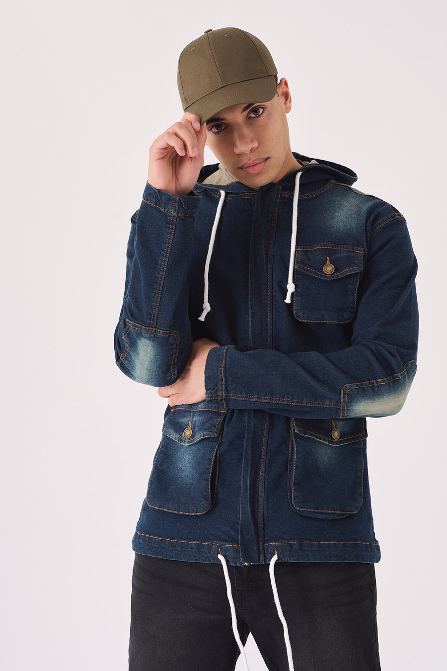 HOODED DENIM JACKET - INDIGO BLUE -  Men's Hooded Cargo Denim Jackets