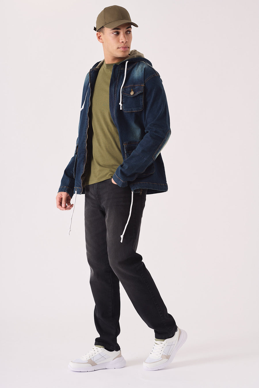 HOODED DENIM JACKET - INDIGO BLUE -  Men's Hooded Cargo Denim Jackets
