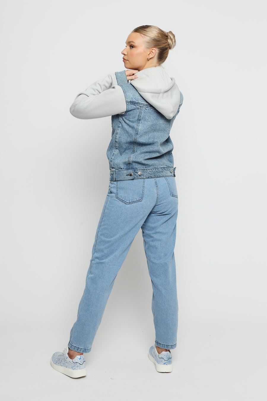 HOODED DENIM JACKET - MID BLUE -  Women's Fleece Hooded Denim Jackets