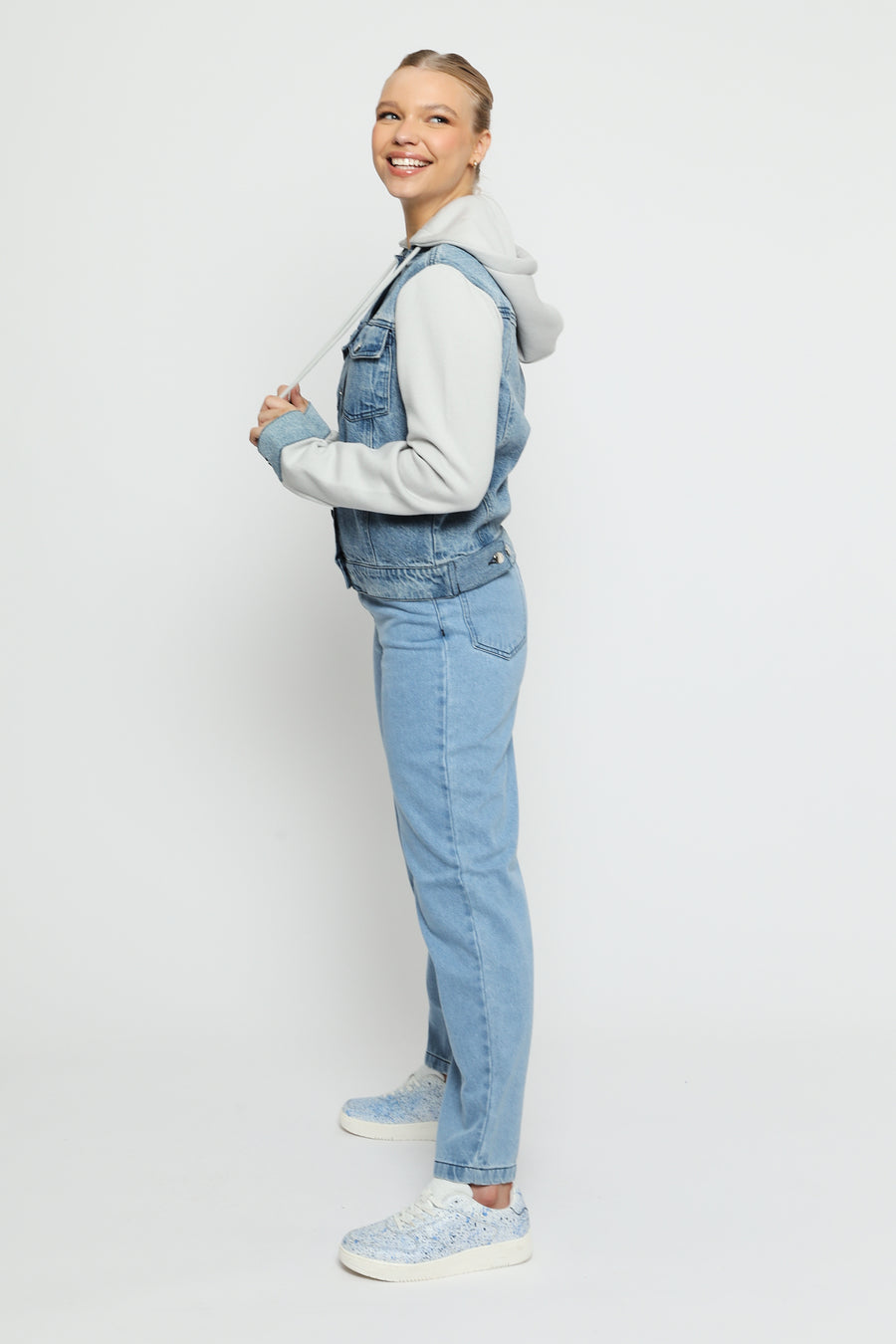 HOODED DENIM JACKET - MID BLUE -  Women's Fleece Hooded Denim Jackets
