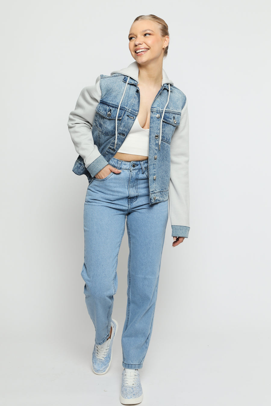 HOODED DENIM JACKET - MID BLUE -  Women's Fleece Hooded Denim Jackets