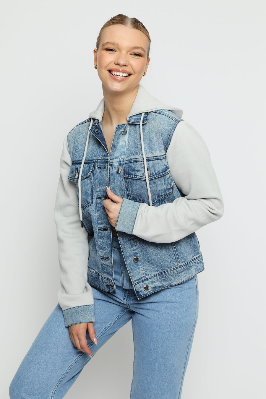 HOODED DENIM JACKET - MID BLUE -  Women's Fleece Hooded Denim Jackets