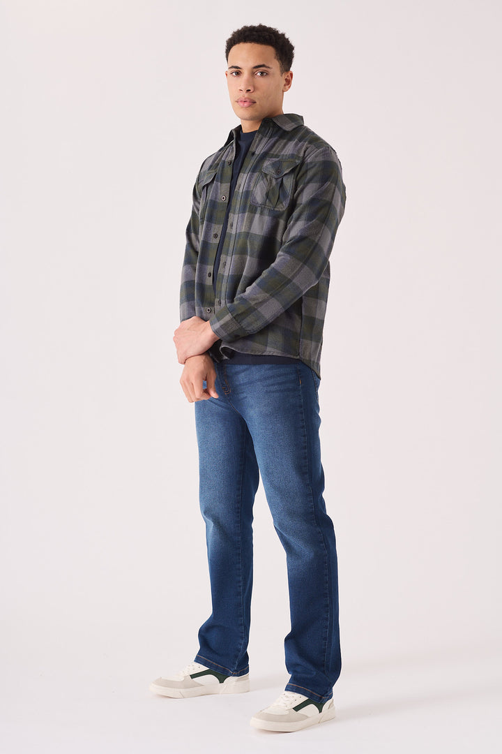 PLAID FLANNEL CHECK SHIRT - GREY OLIVE