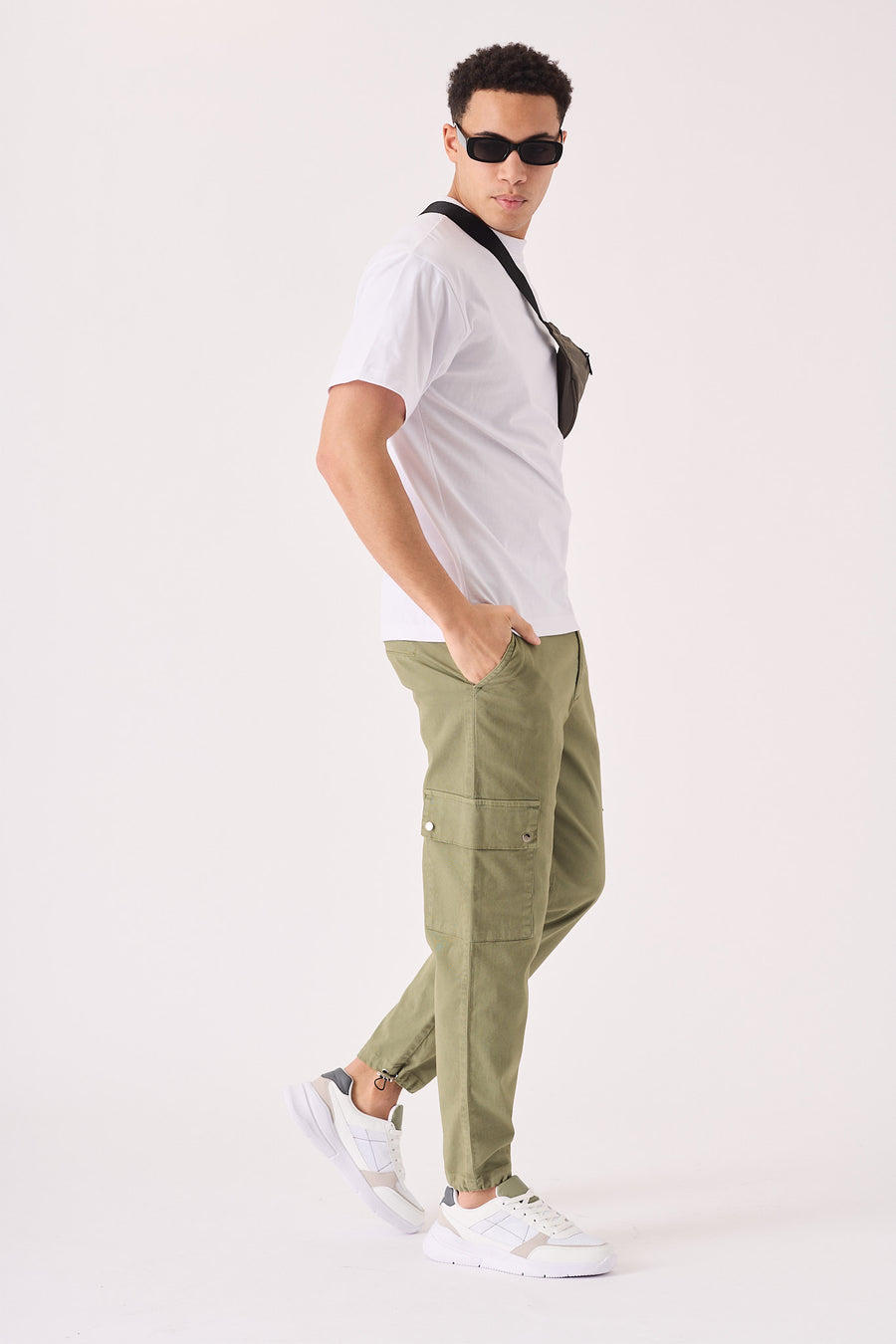 SLIM STRETCH CARGO TROUSERS - OLIVE GREEN