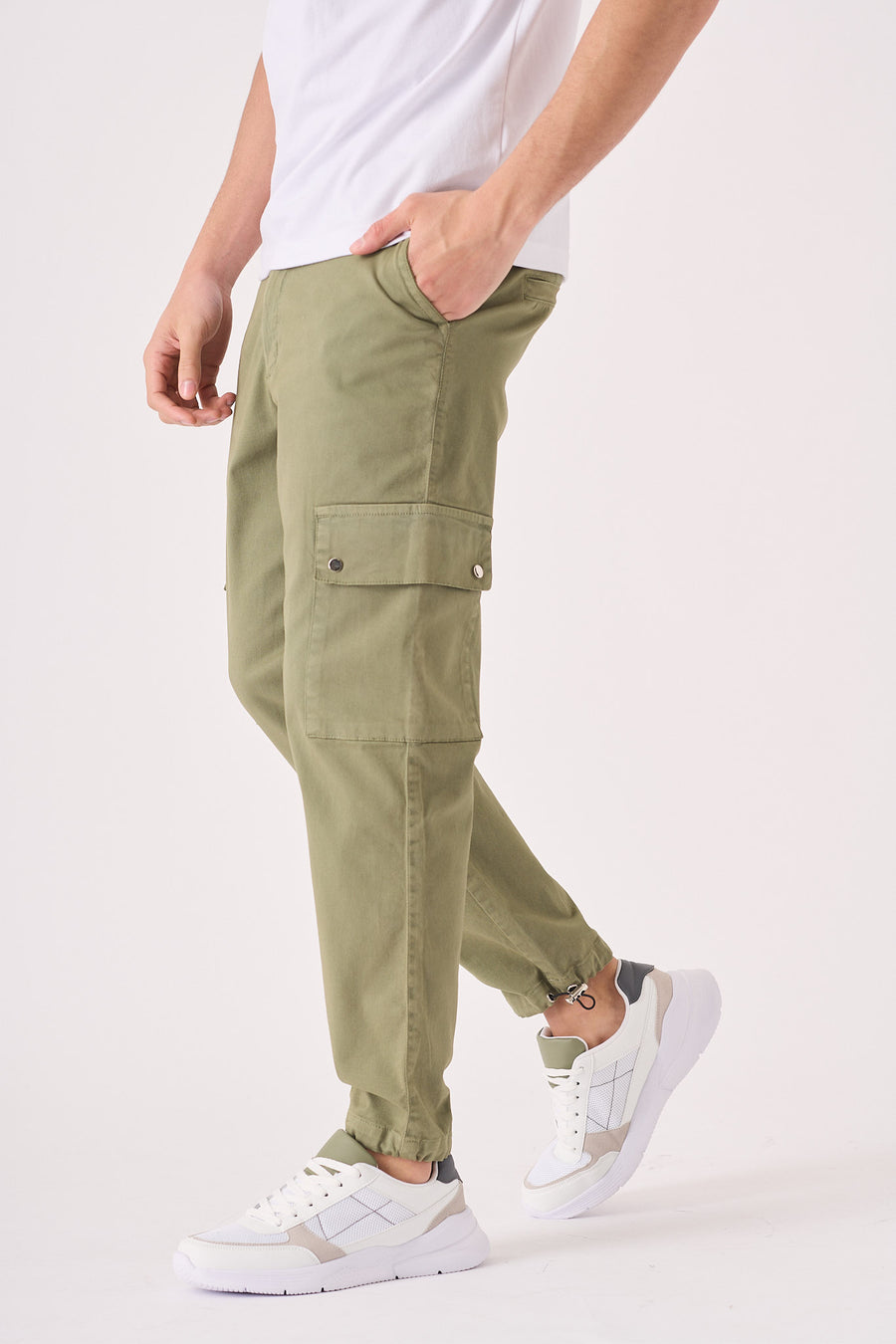 SLIM STRETCH CARGO TROUSERS - OLIVE GREEN