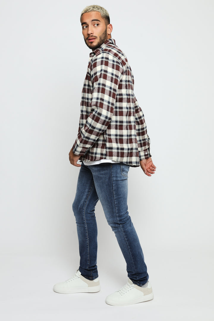 PLAID FLANNEL CHECK SHIRT - MAROON NAVY