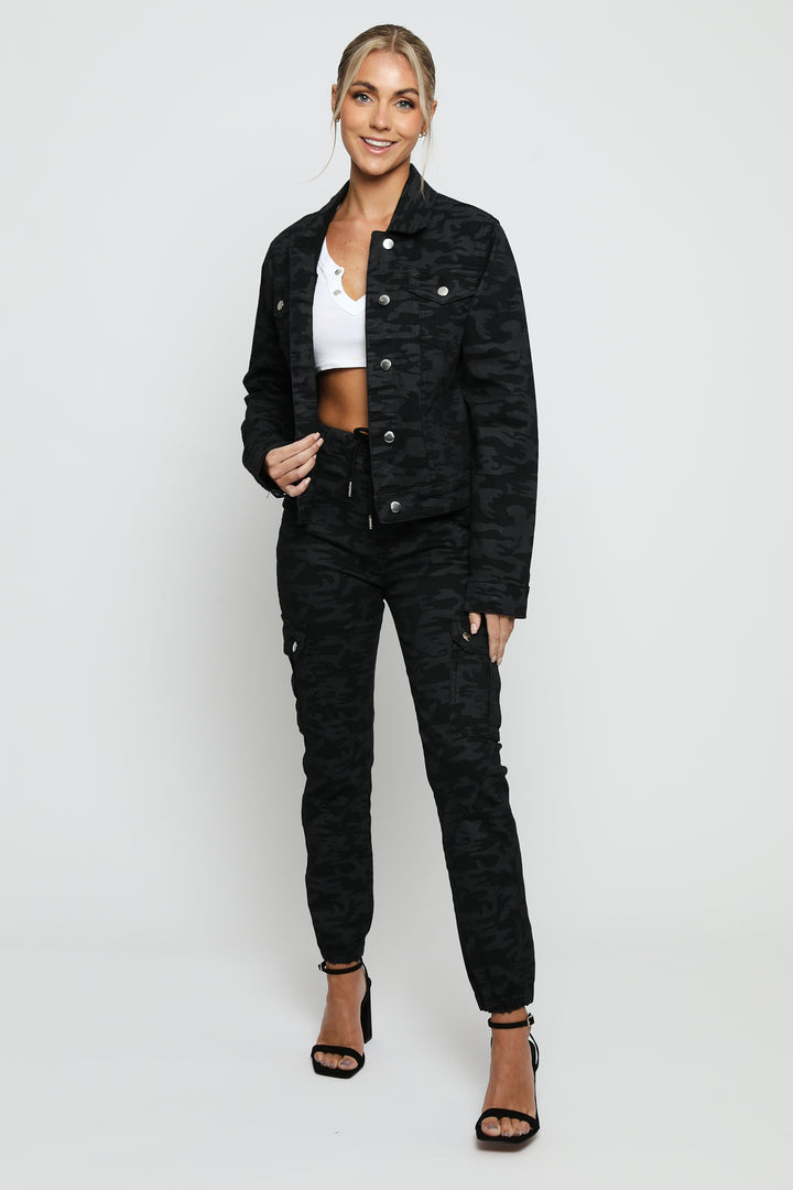 Camo Fitted Denim Jacket - Black