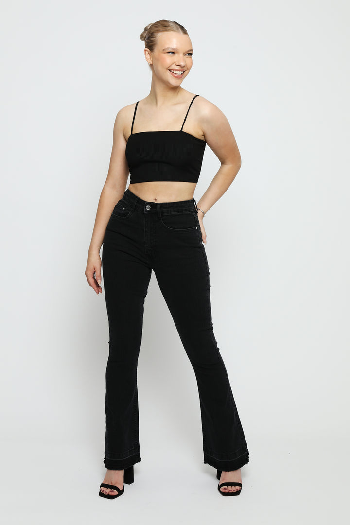 Women's Washed Black Frayed Flare Jeans