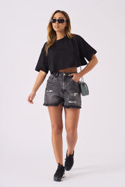 FRAYED DENIM SHORTS - BLACK ACID WASH