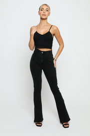 HIGH WAISTED SPLIT HEM FLARE JEANS - BLACK