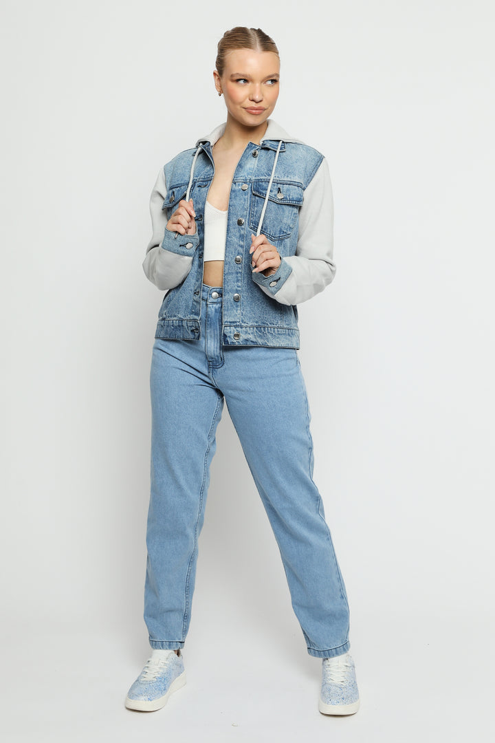 FLEECE HOODED DENIM JACKET - MID BLUE