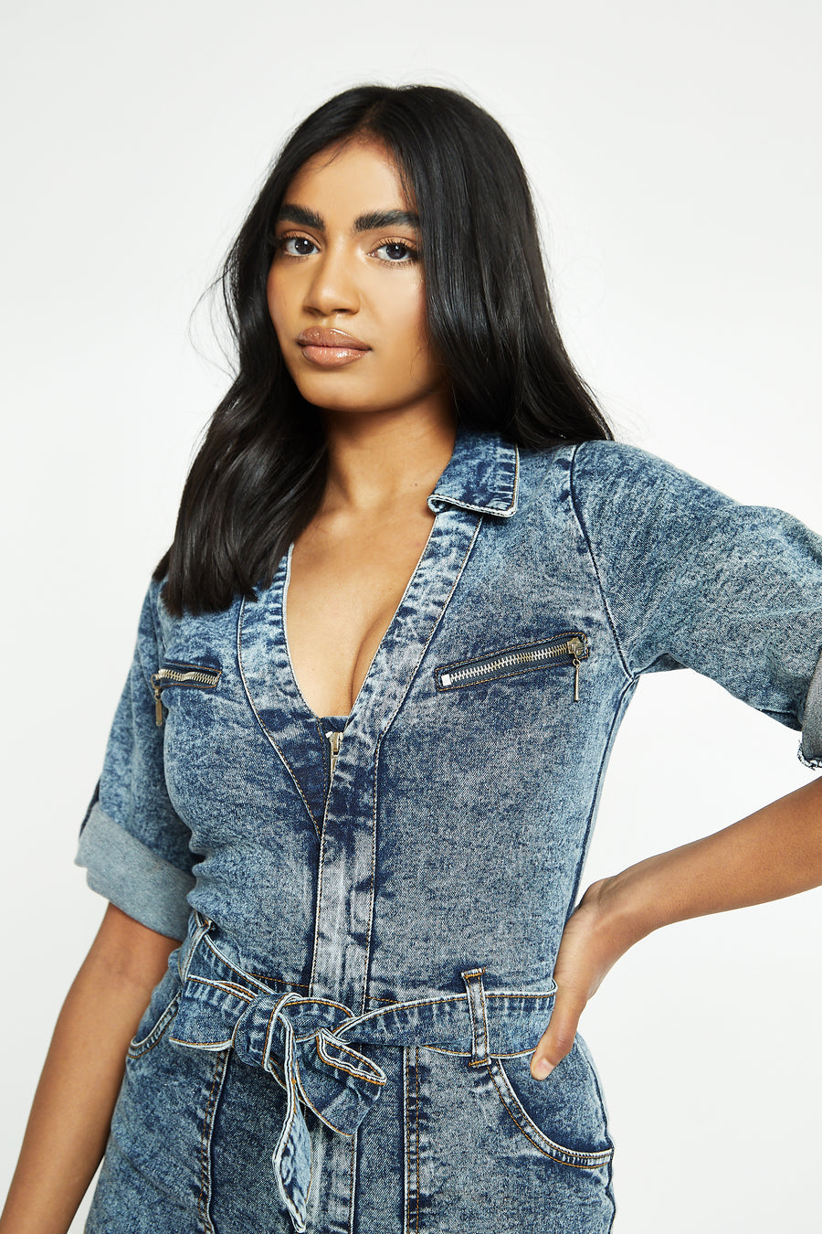 ZIP UP DENIM JUMPSUIT - BLUE ACID WASH