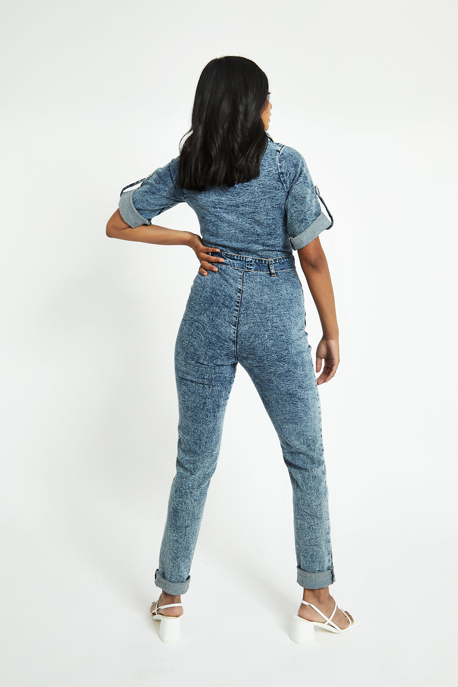 ZIP UP DENIM JUMPSUIT - BLUE ACID WASH