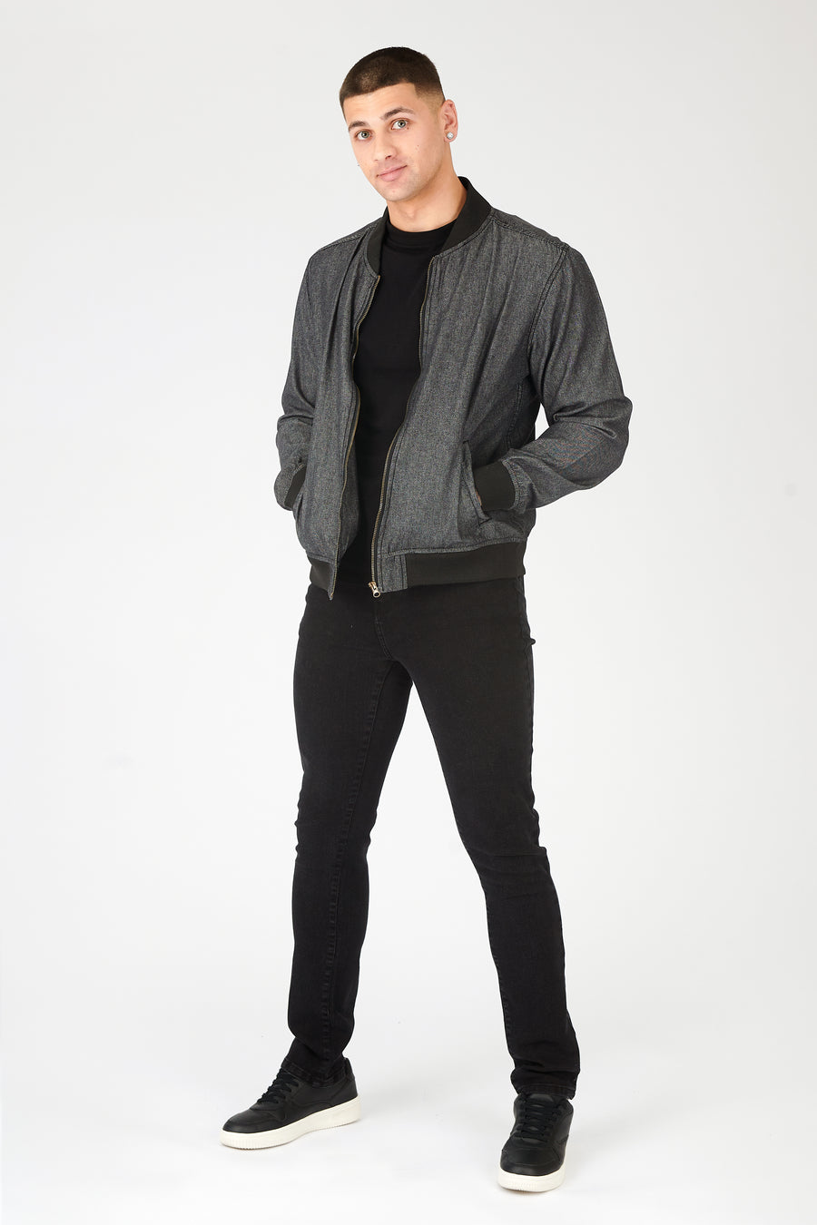 Full body shot of a standing male model wearing a JMOJO Grey Bomber Jacket