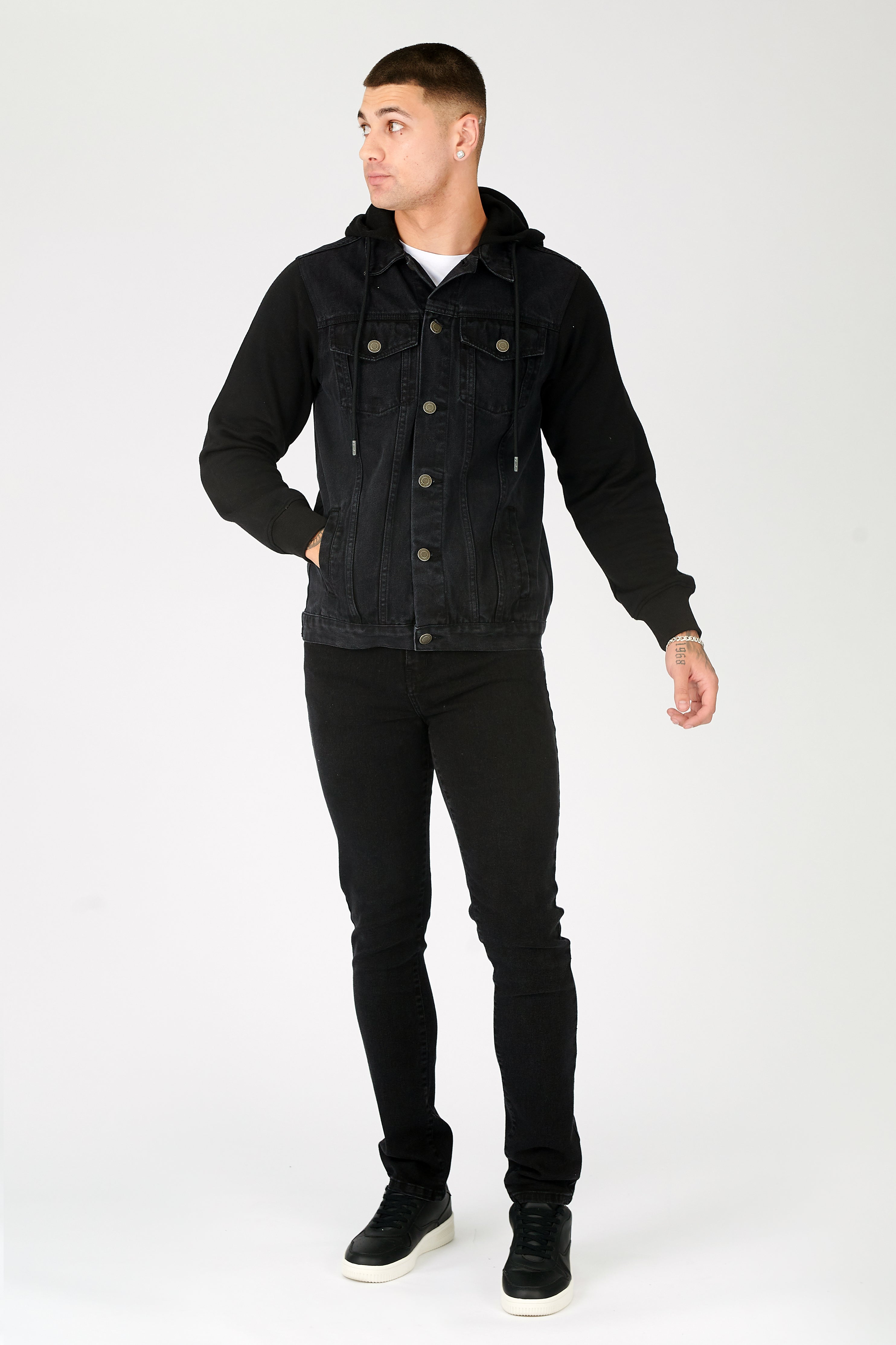 Men's Black Wash Fleece Hooded Denim Jacket | JMOJO