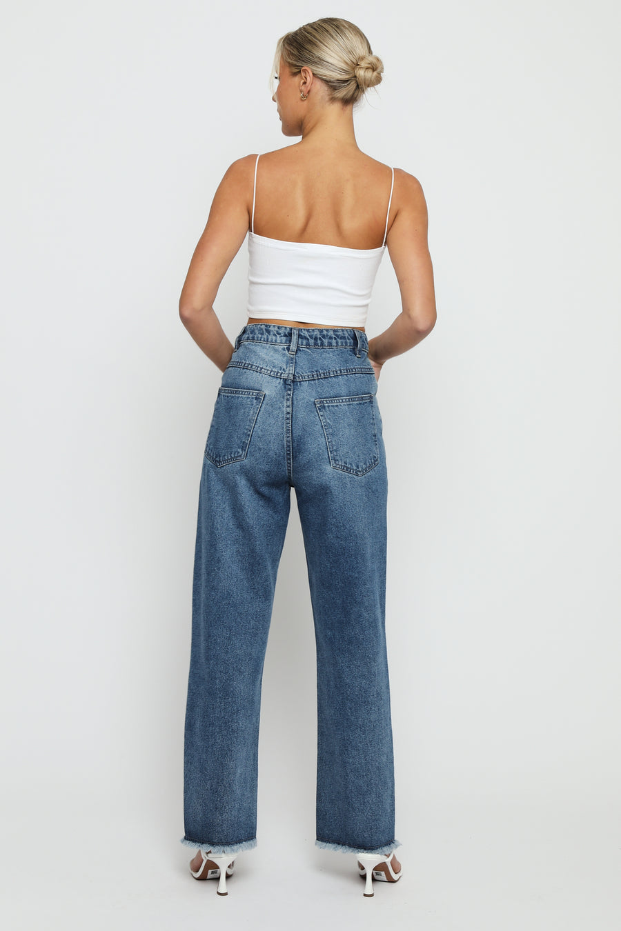 Jorah Cotton High Rise Straight Leg Frayed Hem Jeans - Mid Stone Blue -  Women's Straight Leg Jeans