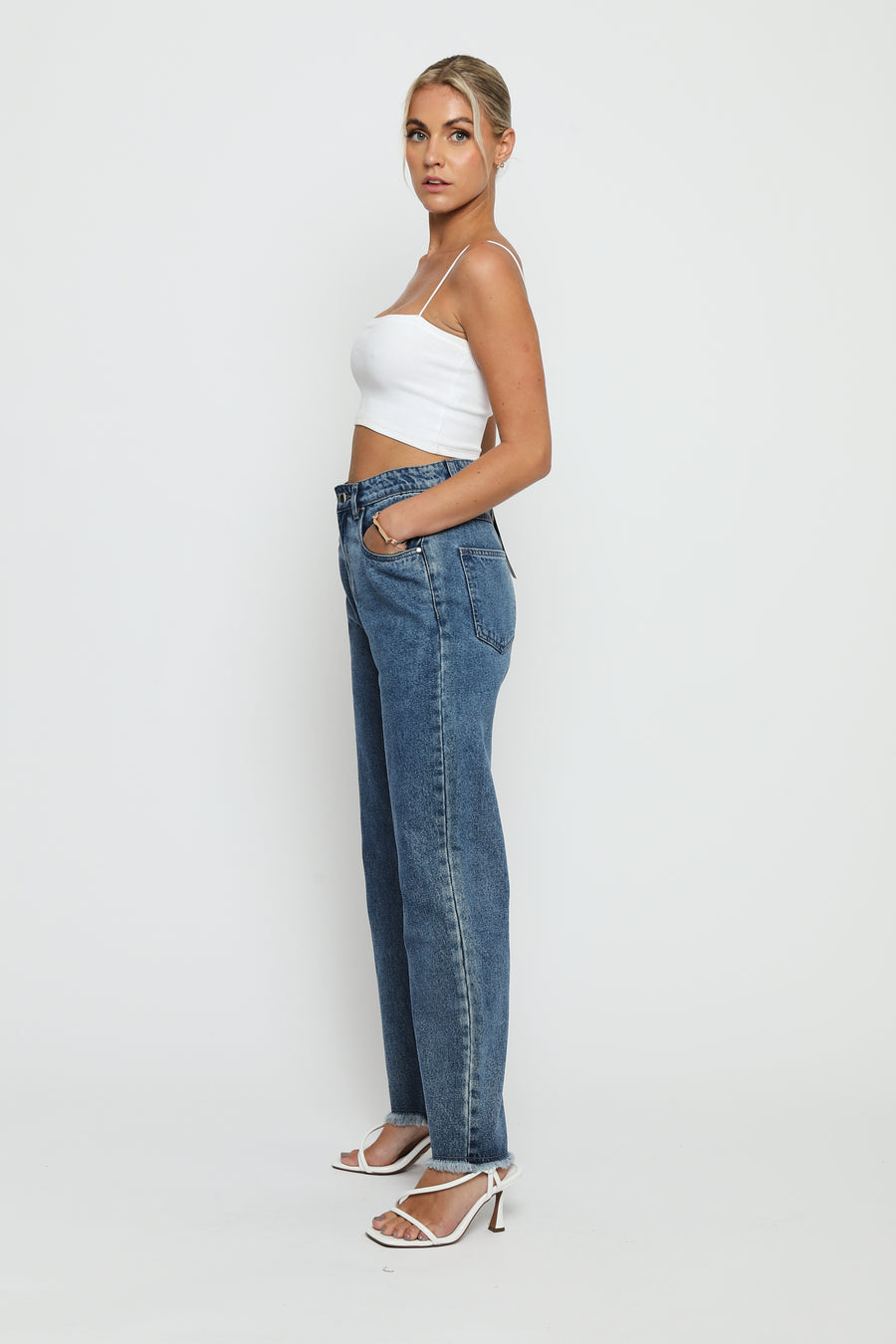 Jorah Cotton High Rise Straight Leg Frayed Hem Jeans - Mid Stone Blue -  Women's Straight Leg Jeans