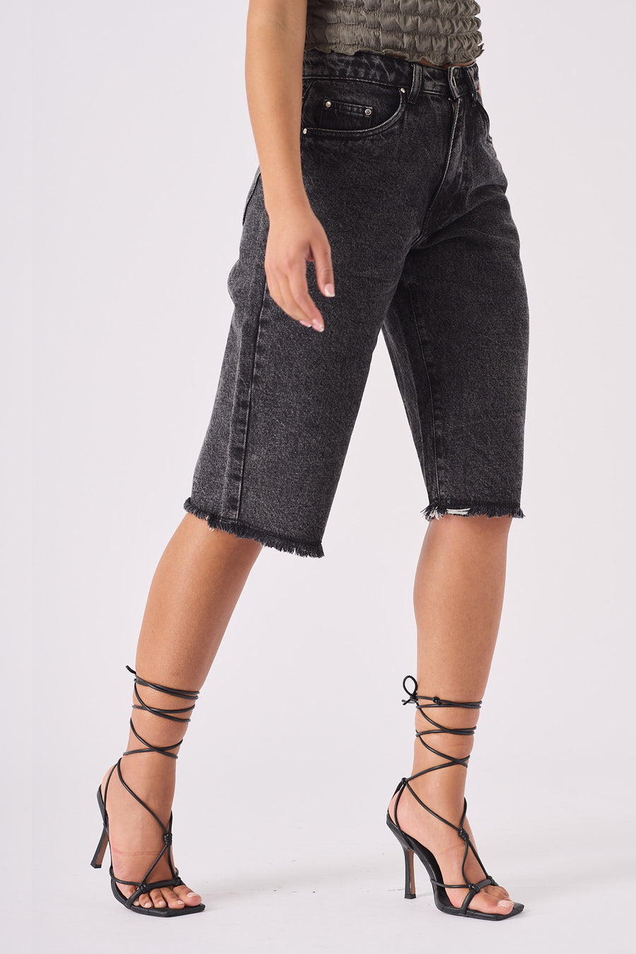 LONG LINE DENIM JORTS - BLACK ACID WASH -  Women's Denim Shorts