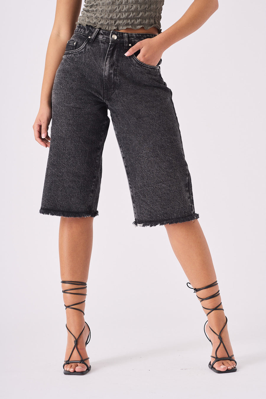 LONG LINE DENIM JORTS - BLACK ACID WASH -  Women's Denim Shorts