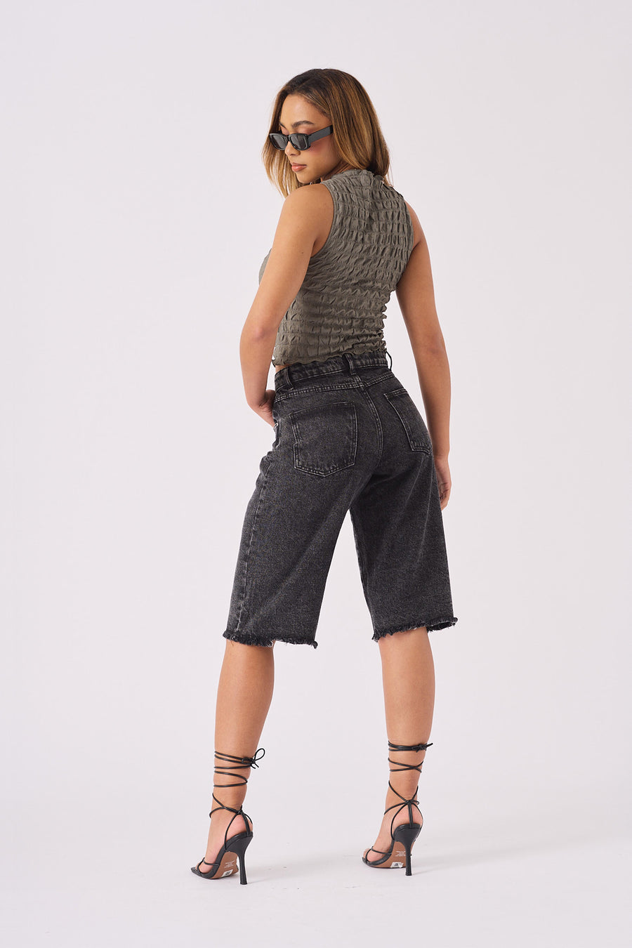 LONG LINE DENIM JORTS - BLACK ACID WASH -  Women's Denim Shorts