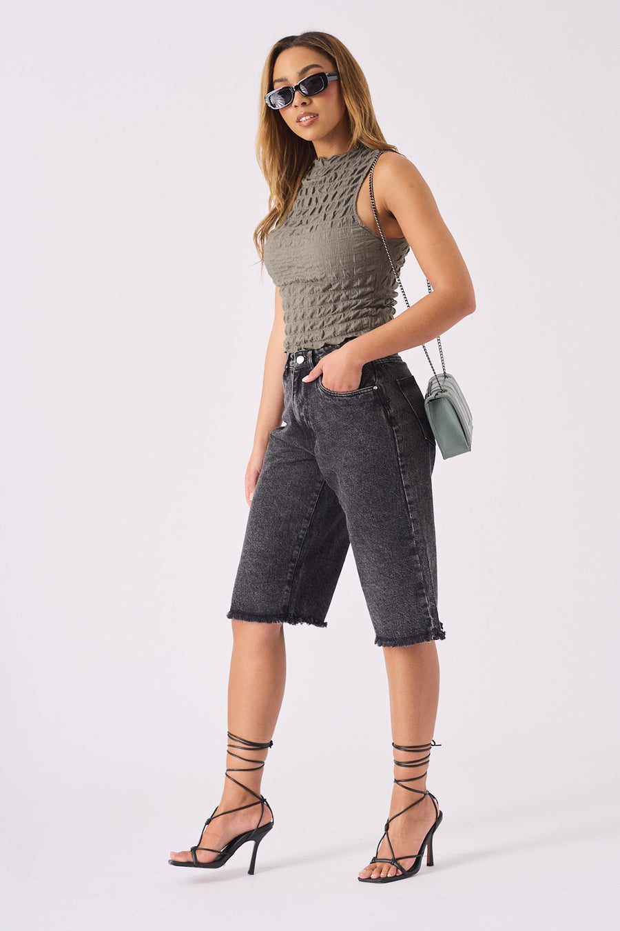 LONG LINE DENIM JORTS - BLACK ACID WASH -  Women's Denim Shorts