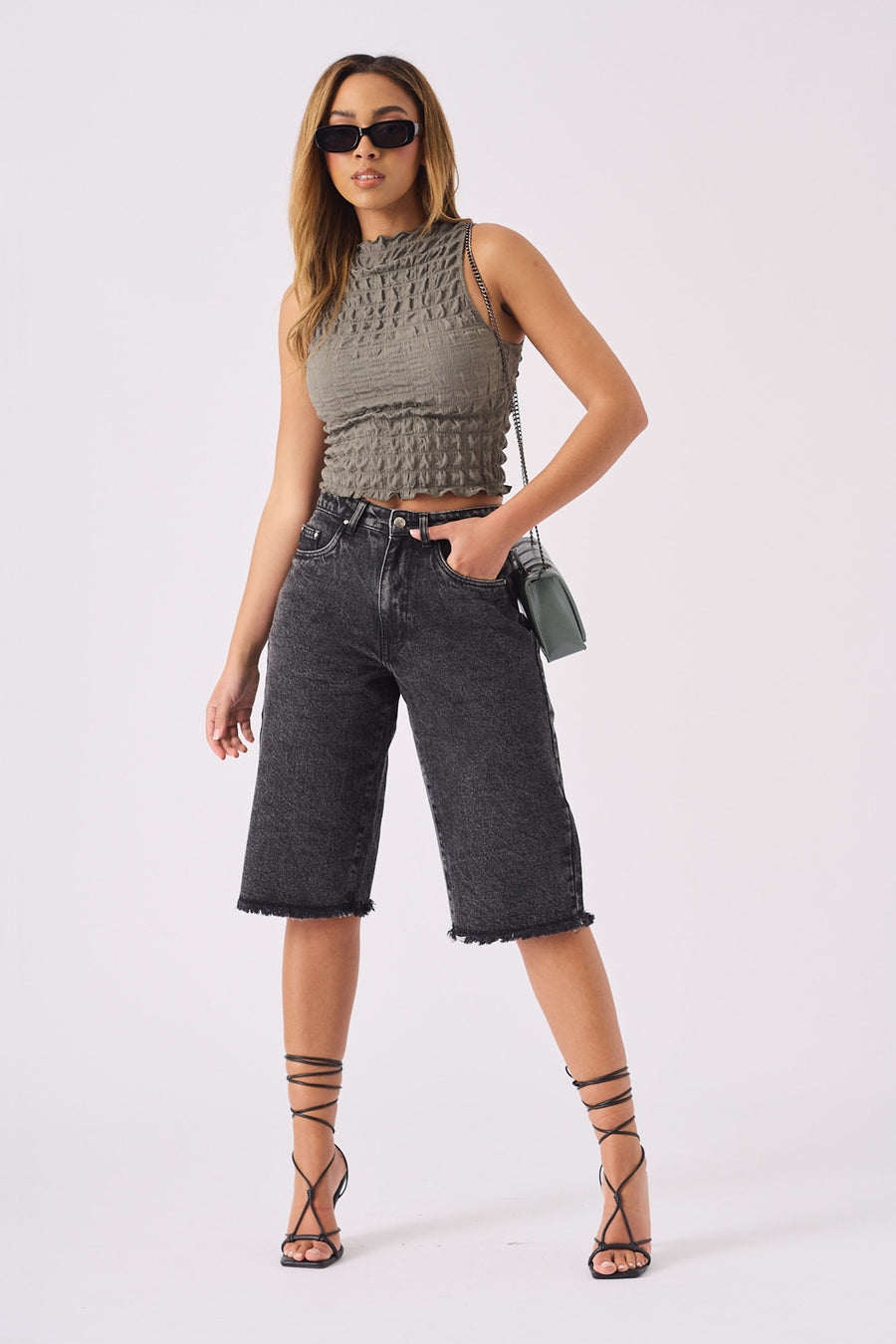 LONG LINE DENIM JORTS - BLACK ACID WASH -  Women's Denim Shorts