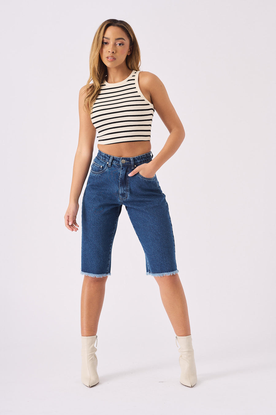 LONG LINE DENIM JORTS - MID BLUE -  Women's Denim Shorts