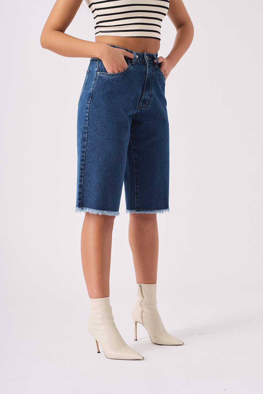 LONG LINE DENIM JORTS - MID BLUE -  Women's Denim Shorts