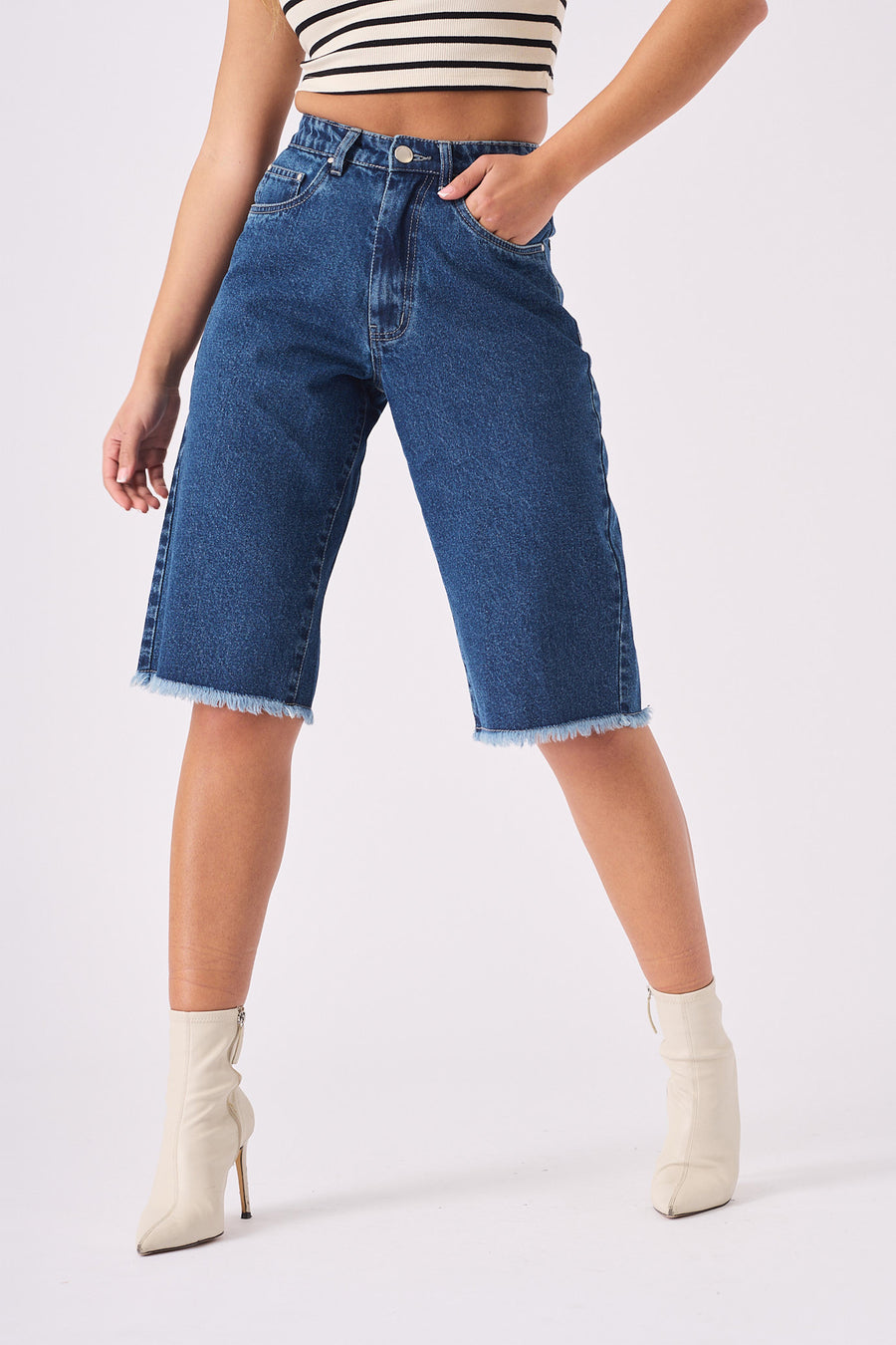 LONG LINE DENIM JORTS - MID BLUE -  Women's Denim Shorts